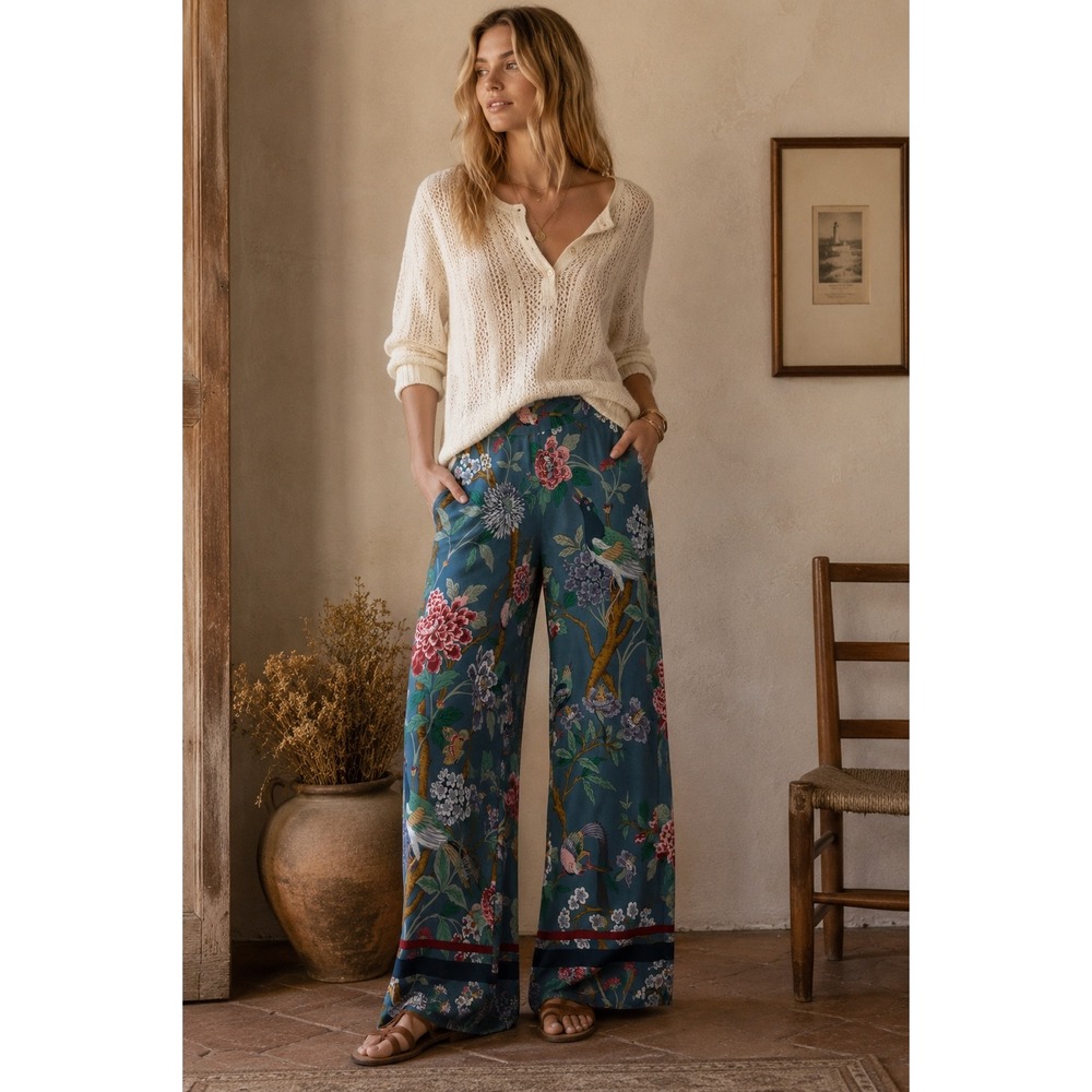 GP & J Baker x HM Blue Floral Bird Print Wide Leg High Waist Pants Size 0